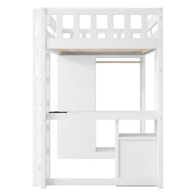 Produktbild von Flieks Etagenbett 90x200cm mit Schreibtisch und Ladefunktion, Hochbett mit Kleiderschrank und Schubladen, Jugendbett Kinderbett mit Led, Weiß