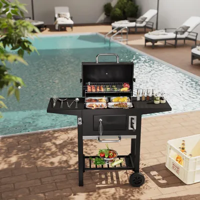 Produktbild von Livingandhome BBQ Holzkohlegrill mit Deckel, Thermometer und Rädern, 109x46x96.5cm, Schwarz