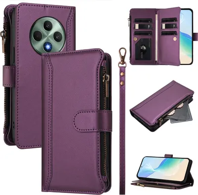 Image de Etui pour Oppo Reno12 F 5G/Reno12 F 4G, étui portefeuille zippé en cuirPolyuréthaneavec pochettes pour cartes, support et dragonne Violet