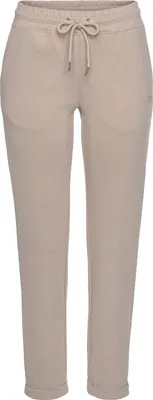 A pair of beige sweatpants shown from the front against a white background.