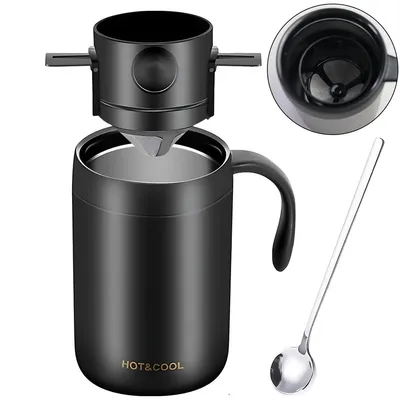Produktbild von Pour Over Kaffeebereiter mit Löffel, Camping-Kaffeetropfer, 500ml Manuelle Kaffeemaschine, Thermo Kaffeebecher mit Griff Edelstahl Spülmaschinenfest