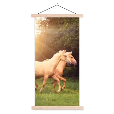 Produktbild von MuchoWow® Textilposter Pferde - Wald - Sonne 60x120 cm mit holzfarbenen Rahmen - Holz