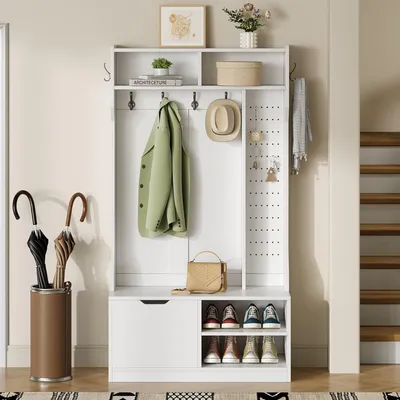 Immagine prodotto di Set guardaroba Fortuna Lai, set completo guardaroba da ingresso con panca, 6 ganci, 1 anta e 4 ripiani aperti - Bianco, 100×185,5×40 cm (L×A×P)