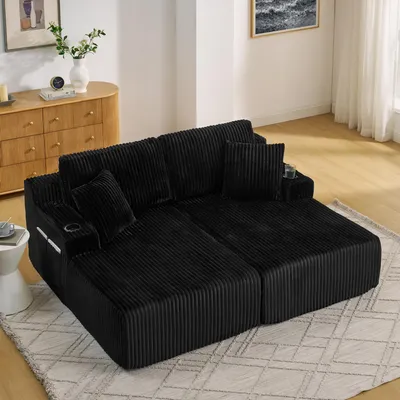 Obrázek produktu pro okwish dvoumístná lounge sofa s polštáři a boční kapsou na časopisy obývací sofa rozkládací sofa lounge křeslo s držákem na nápoje měkký kord vhodné pro malé byty černá