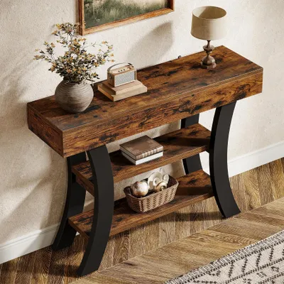 Image de Table console étroite - Table d'entrée et de salon avec 3 niveaux - Étagère en bois avec des compartiments de rangement - Style rétro et antique - Dimensions : 105 x 30 x 80 cm - Couleur : marron rustique