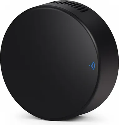 A black, round smart IR remote control device with a blue Wi-Fi symbol on its surface.