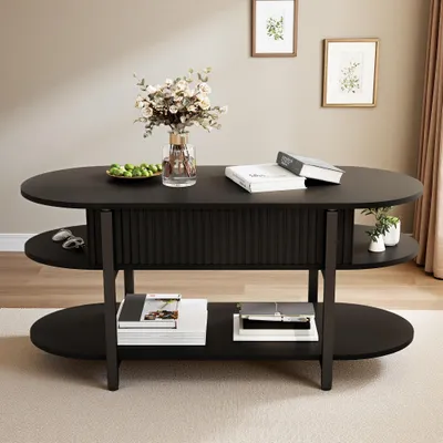 Produktbild von INONEFT Couchtisch Oval, höhenverstellbarer Wohnzimmertisch mit offener und versteckter Stauraum, Sofatisch für Wohnzimmer Schlafzimmer, Schwarz
