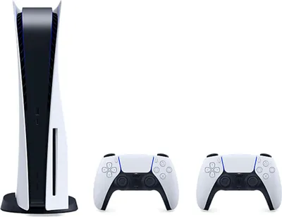 A Sony PlayStation 5 console and two controllers are displayed against a white background.