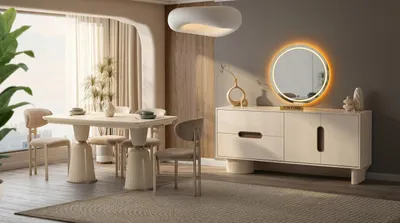 Produktbild von Elegantes Esszimmer Set Beige Holz Metall Komplettset 8 Teilig