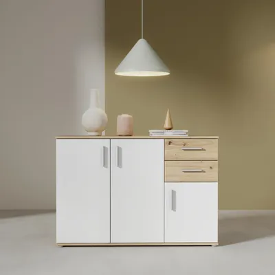 Produktbild von Forte IKOLI Kommode 120, moderne Kommode, 3-türig, 2 Schubladen, Wohn-/Schlafzimmer, Flur, Holzwerkstoff, Weiß mit Artisan Eiche Holzdekor, 119,6 cm breit x 81,7 cm hoch x 31,4 cm tief