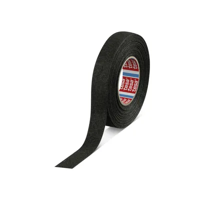 A roll of black fabric tape is shown against a white background.