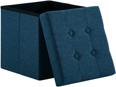 Produktbild von Theo Cleo Sitzhocker mit Stauraum,Sitzwürfel Sitzbank,Fußbank Truhen Aufbewahrungsbox faltbar, Leinen,38 x 38 x 38 cm,Marineblau