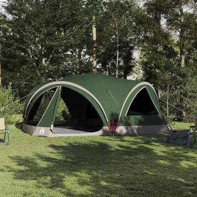 Image de Tente de camping vert et gris pour 10 personnes, tente familiale de 460 x 430 x 214 cm, avec protection pluie amovible, jeu de poteaux, sac de transport, cordes de tension et sardines en polyester 185T
