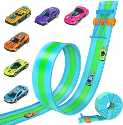 Produktbild von Autorennbahn 4,5 m, 6 Autos, dreispurig, Steigungen, Spielzeug für Kinder