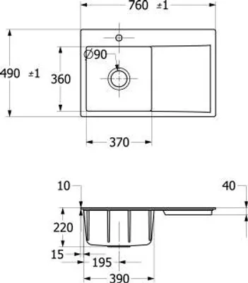 Technical drawing with dimensions of a sink.