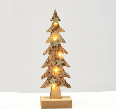 Immagine prodotto di ACA Lighting decorazione in legno albero di Natale marrone piccolo 5 LED a batteria (2xAA) bianco caldo IP20 9,5x6x31cm XTREBWW313A