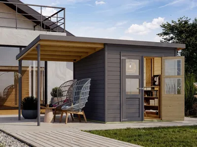 Produktbild von Gerätehaus Merseburg 4 14 mm terragrau inkl. 140 cm Anbau