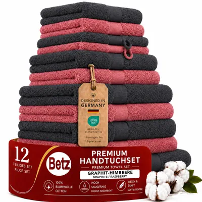 Produktbild von Betz 12-tlg. Handtuch-Set PREMIUM 2 Duschtücher 4 Handtücher 2 Gästetücher 2 Seiftücher 2 Waschhandschuhe  Farbe: graphit / himbeere, KI-generiertes Bild