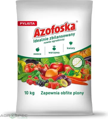 A bag of fertilizer with images of fruits, vegetables, and flowers.