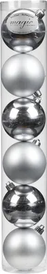 A clear, well-lit product shot of six silver Christmas ornaments stacked vertically inside a clear plastic tube.