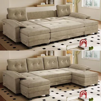 Produktbild von 278 cm U-förmiges Schlafsofa mit Ausziehbett und USB-Ladefunktion Modulares Design Kamel