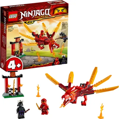 A LEGO Ninjago Legacy Kai's Fire Dragon set is shown, including the product box and individual components.