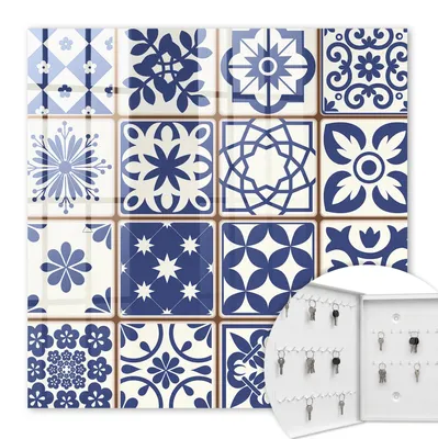 Produktbild von Metall Schlüsselkasten 30 x 30 cm - weißer Schlüsselschrank zur Wandmontage - wandhängende Schlüsselbox mit Tür - nach links öffnend - Schlüsselaufbewahrung für Flur - Büro - Arbeitszimmer - Werkstatt - Garage - Retro-Mosaik