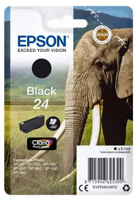 Produktbild von Epson Elephant Singlepack Black 24 Claria Photo HD Ink, Standardertrag, Schwarz, Tinte auf Pigmentbasis, 5,1 ml, 1 Stück(e), 240 Seiten