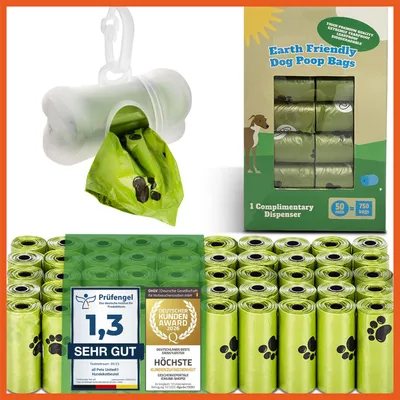 Produktbild von Premium Hundekotbeutel Set – 750 reißfeste Gassi-Tüten (50 Rollen à 15 Beutel) inkl. 2 Spender mit Karabiner, groß (23x32 cm) & auslaufsicher