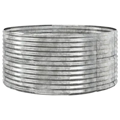 A silver corrugated metal raised garden bed is shown against a white background.