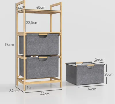Zdjęcie produktu dla Kosz na pranie HOMCOM 35,4 l z 2 materiałowymi koszami, otwarte półki, pojemnik na pranie z uchwytem, ​​do łazienki, bambus, naturalny