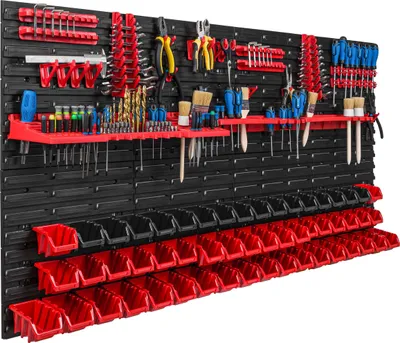 Image de Système de rangement Étagère d'atelier | 156 x 78 cm | 56 pièces Boîte | Étagère murale avec supports pour outils et boîtes empilables - Panneaux muraux Étagère à bacs extra-robuste Panneau perforé pour outils Étagère de rangement Étagère de garage