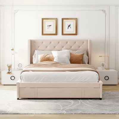 Produktbild von Beige 140x200cm Polsterbett (Ohne Matratze) Doppelbett mit Lattenrost, Rückenlehne und großen Schubladen, Pro-Leinen-Stoff ugenddoppelbett