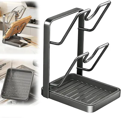 Image de Organisateur pour poêles et casseroles, avec support pour spatules, de 16 à 34 cm, étagère de rangement 2 en 1, pour la cuisine