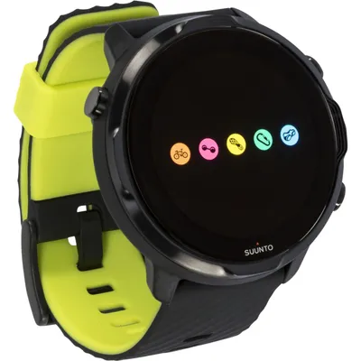A close-up studio shot of a Suunto 7 smartwatch with a black and lime green band.