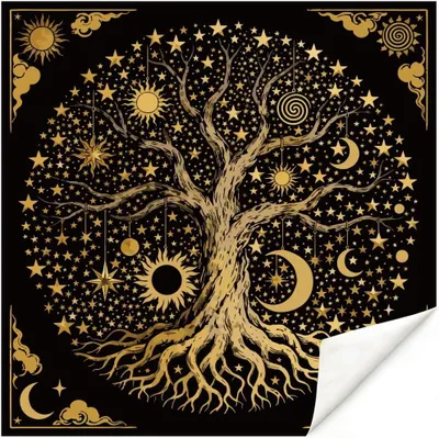 Produktbild von Tischdecke für Tarotkarten Wahrsagung Baum des Lebens in Schwarz und Gold aus Samt, quadratisch 50 x 50 cm