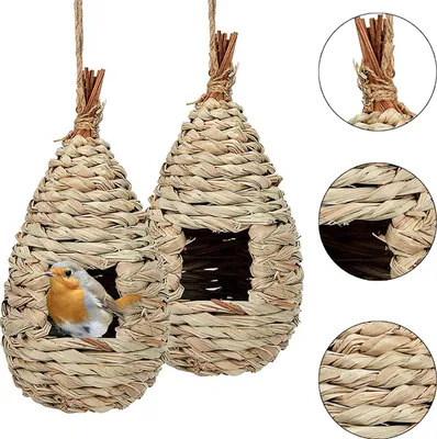 Produktbild von 2 Stück natürliches Stroh-Vogelhaus zum Aufhängen - geeignet für kleine Vögel wie Kolibris und Meisen