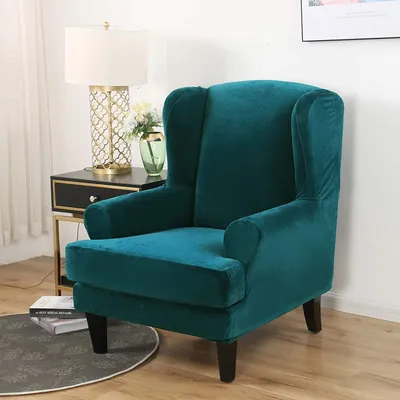 Obrázek produktu pro Velvet Wing Chair Covers 2 Piece Chair Covers Slipcover Elastický kryt křesla Sofa Cover Stretch Protective Cover Kryt křesla pro Wing Chair, tmavě zelený
