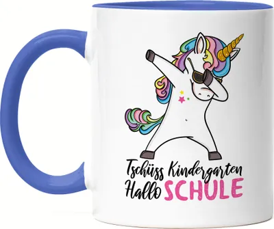 Produktbild von Tschüss Kindergarten Hallo Schule Tasse Blau Einschulungsgeschenk Einhorn Unicorn Fans