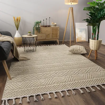 Image de Tapis salon à poils courts Skandi Boho Motif géométrique Uni Franges Dimensions 80 x 150 cm