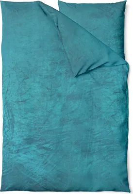 A folded teal duvet cover and pillowcase set on a white background.