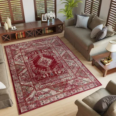 Produktbild von Teppich Wohnzimmer Schlafzimmer Kurzflor Design Klassisch Rot Beige  300 x 400 cm