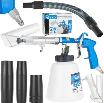 Immagine prodotto di Pistola per lavaggio interno auto ad aria compressa Tornador, pistola soffiaggio a secco, kit con 3 adattatori vacuum, bocchetta estrazione, bocchetta spazzola, tubo flessibile, serbatoio da 1 litro , 6-9.2 Bar, Geko