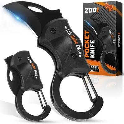 Obrázek produktu pro Multifunkční nůž pro outdoorové použití s karabinou, ocelové provedení, ABS rukojeť, rozměry 10 cm, hmotnost 57 g