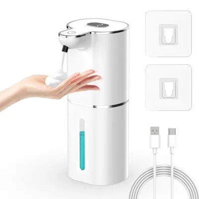 Productafbeelding van Automatische zeepdispenser, 380 ml, elektrische schuimzeepdispenser met sensor, voor wandmontage, oplaadbaar via USB, LCD-display, waterdicht (IPX5), geschikt voor badkamer, keuken, afwasmiddel – wit