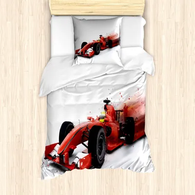 Produktbild von ABAKUHAUS Autos Mantele, Formel Autorennen Entwurf, Milbensicher Allergiker geeignet mit Kissenbezügen, 135 cm x 200 cm - 80 x 80 cm, Schwarz und Rot