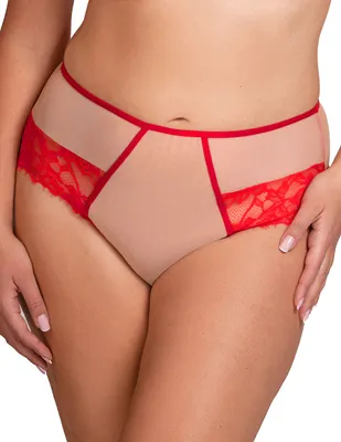 Produktbild von Vivisence Eleganter Slip Mit Hohem Bund Für Damen Bequeme Unterwäsche Aus Spitze Und Tüll Mit Baumwollzwickel Femininer Taillenslip Für Komfort Und Halt, Rot,S