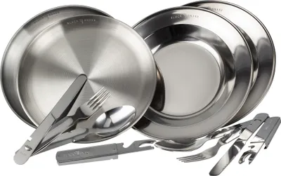 Produktbild von Edelstahl Teller Set 2 Personen 2 flache & 2 tiefe Teller mit Campingbesteck