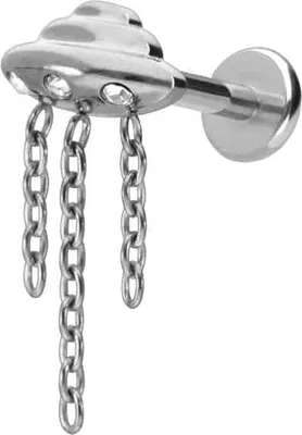 Produktbild von Ohrpiercing, Nasenpiercing Titan Labret mit Push Fit UFO + KETTE + KRISTALLE Silber Stablänge: 7mm | Stabstärke: 1,2mm