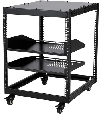 Image de Réseau en rack ouvert - Armoire réseau de 12U - Profondeur réglable de 58,4 à 101,6 cm - Peut être installé au sol ou fixé au mur - Roulettes verrouillables - Étagère inférieure de 1U - Capacité de charge de 227 kg